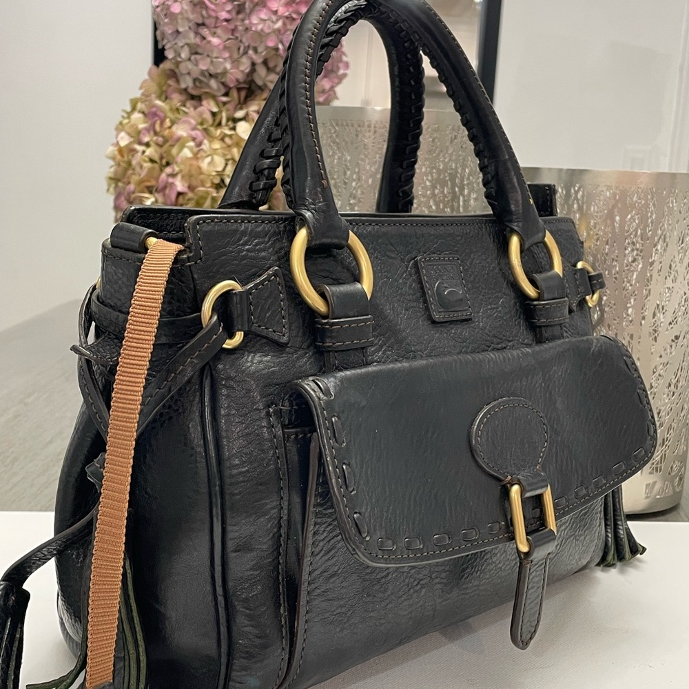 Dooney & Bourke Black Leather Satchel with Gold-Tone Rings